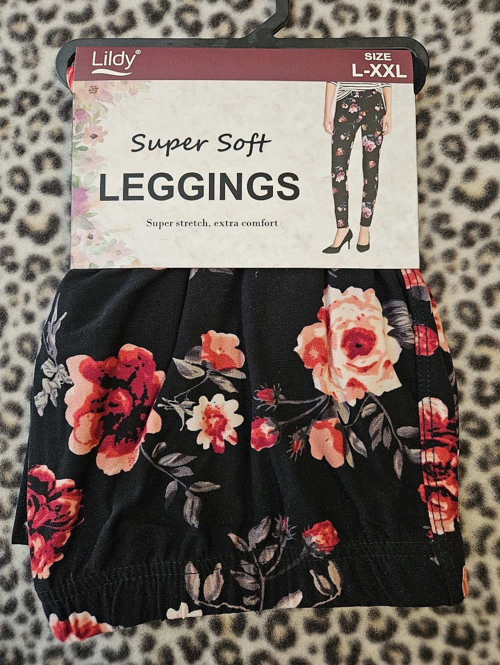 Lildy Printed Super Soft Leggings, Size L-XXL, Brand New (Black & Pink Floral)